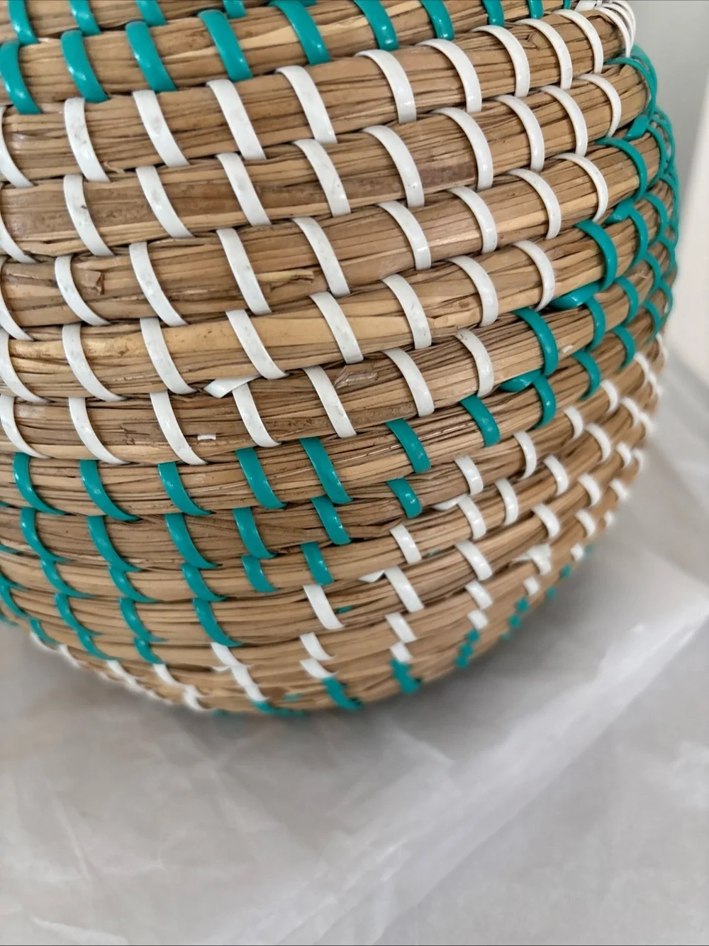 Handwoven Natural, Teal & White Decorative Basket Vase